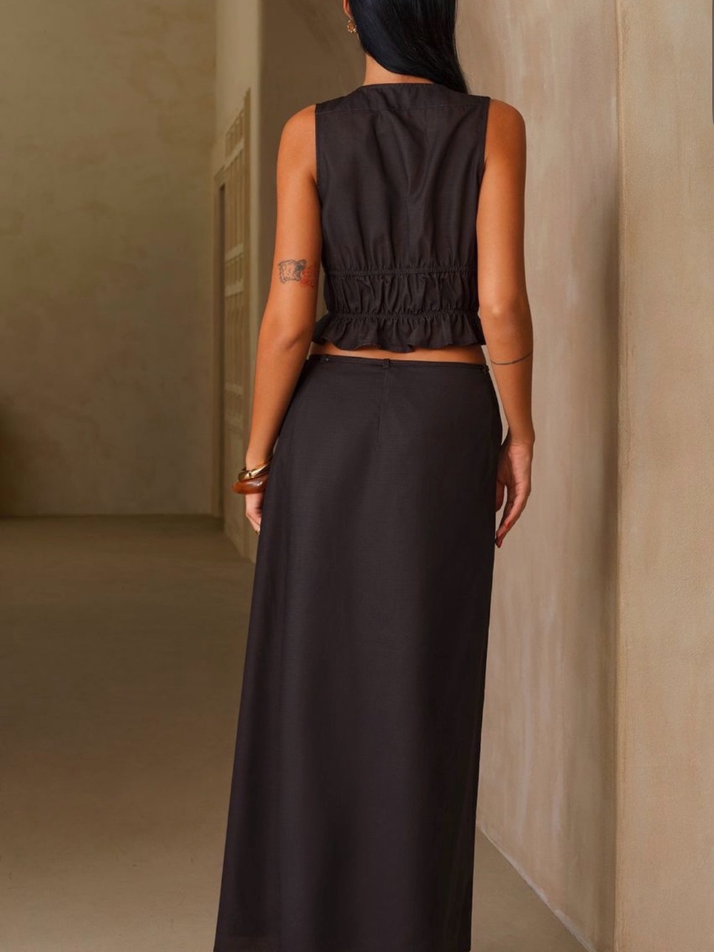 Commense Black Maxi Skirt with White Tropical Leaf Print - Picture 2 of 5
